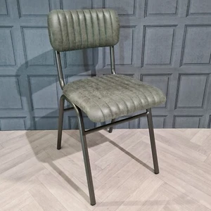 Vintage Industrial Dining Chairs Green Leather Look Ribbed Metal Home Coffee Bar - Picture 1 of 16