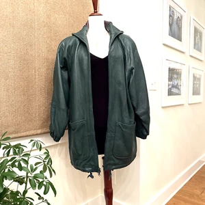 Vintage Tibor Leather Coat Women's Medium Hunter Green Hooded Mid-length Buttery - Picture 1 of 13