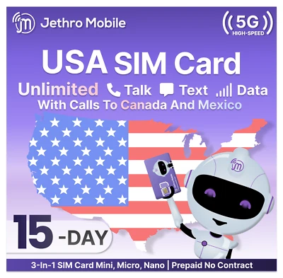 Jethro Mobile USA SIM Card 15-Days Unlimited Talk, Text, and Data Prepaid - Image 1 of 4