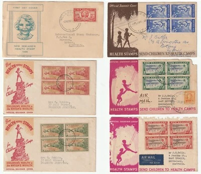 Nueva Zelanda - 6 x cubiertas de recuerdo estampillas de salud de los años 30/40 - 4 p/u a Australia Foto 1 de 4