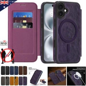 For iPhone 16 16e 15 14 13 Pro Max Wallet Case Magsafe Leather Shockproof Cover - Picture 1 of 61