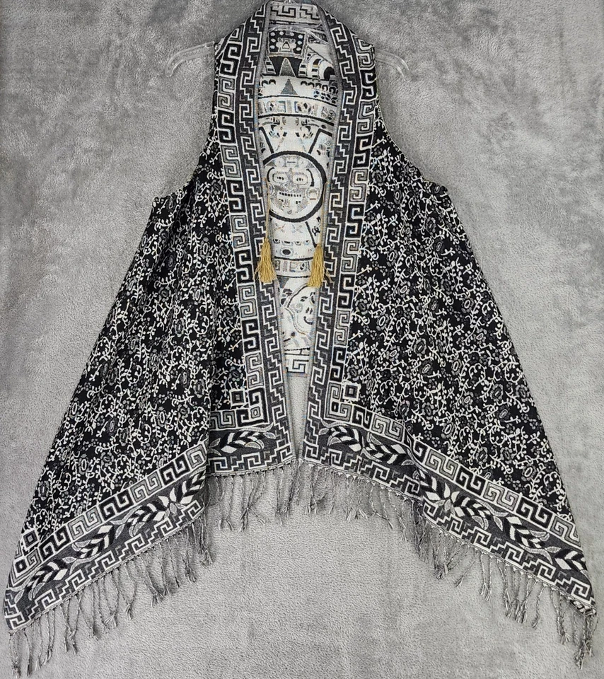 Chaleco Mexicano Mujer L/XL Plateado Metálico Estampado Azteca Borlas Flecos Frente Abierto Foto 1 de 4
