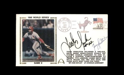 Jack Clark Terry Pendleton PSA ADN Firmado 1985 Caché FDC 1985 Serie Mundial Foto 1 de 2