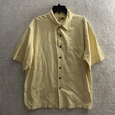 Caribbean Mens Hawaiian Shirt Yellow Large Silk Blend Short Sleeve Pocket - Image 1 of 4