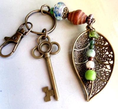 Purse Charm, Bronze  Key & Ring, Bag Clip w Stones  7 1/4 inches - Image 1 of 4