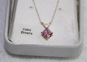 14 K Gold Cubic Zirconia Pink CZ Necklace Diamond Shape Pendant Chain 19", NIB - Picture 1 of 8