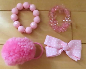 Gymboree Lot of 4 Multiple Lines 2 Pink Bracelets w PomPom Ponytail Holder & Bow - Picture 1 of 4