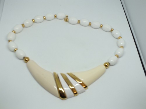 OFF WHITE Bellissima Collana Girocollo Tono Oro Bianco Off White Perline 1 1 2" Larghezza x 14" Lunga