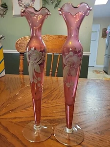 2 - Vintage Pink Rose Painted Glass Bud Vase Painted White Flowers 10.5" - Picture 1 of 3