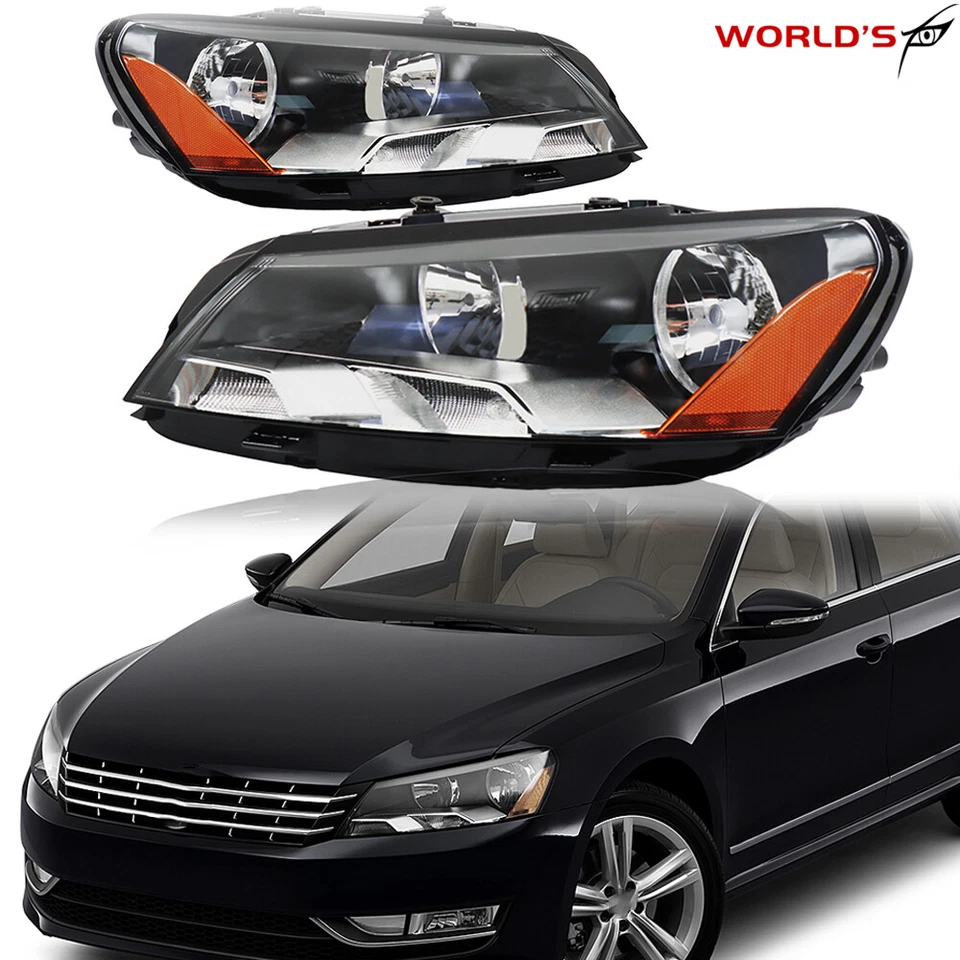 Headlights Left+Right Side For 2012-2015 Volkswagen Passat Halogen Black Housing - Image 1 of 4