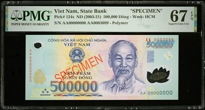 500.000 Dong Banco Estatal de Vietnam Espécimen PMG Excelente Gema Sin Circular 67 EPQ Foto 1 de 3