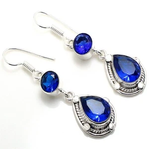 Blue Tanzanite Gemstone Handmade 925 Starling Silver Jewelry Earring Sz 1.60" - Picture 1 of 1