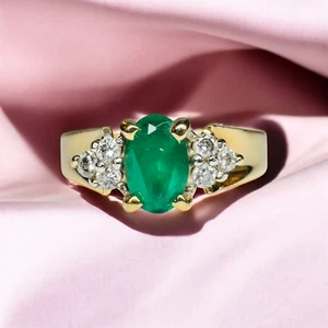 VINTAGE- 14K Gold- Natural Colombian Emerald & Diamond Ring -Size 6.5- -3.5g - Picture 1 of 24
