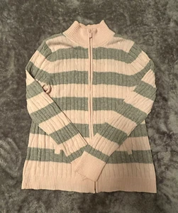 Tommy Hilfiger Pink & Gray Women’s Striped Zipper Sweater Size Medium Pockets - Picture 1 of 14