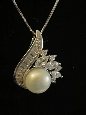 Carolyn Pollack 925 10 毫米象牙珍珠 CZ 心形吊坠 18 英寸盒链式项链 CP — 第 1/4 张图片