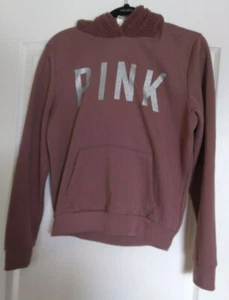VICTORIA SECRET PINK PULLOVER FLEECE HOODIE WITH SHERPA HOODIE & GLITTER LOGO! M - Picture 1 of 4