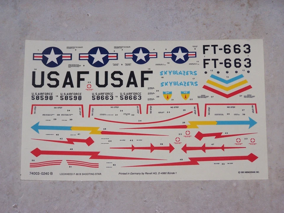 DECALS MONOGRAM 1/48ème LOCKHEED F-80 B SHOOTING STAR Ref.74003-0240 B - Imagem 1 de 1