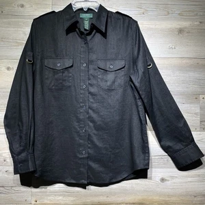 Lauren Ralph Lauren Black Linen Shirt Blouse Size Medium Roll Tab Sleeve Vintage - Picture 1 of 9