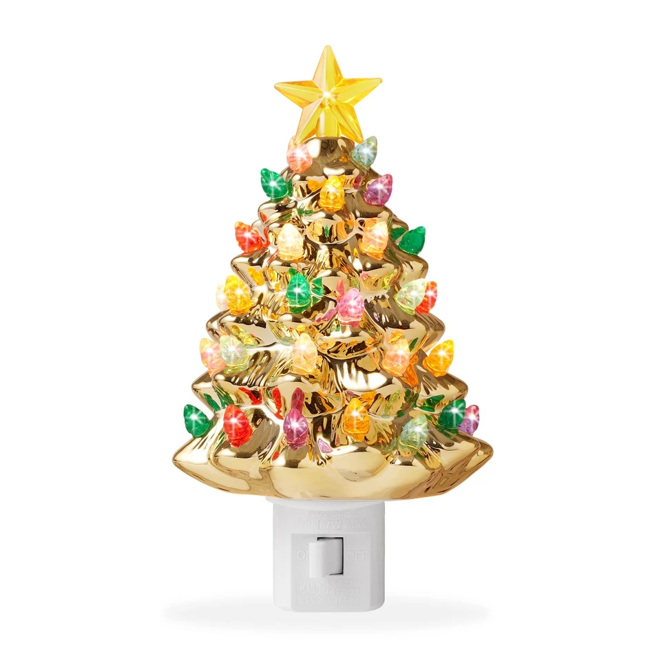 Luz de noche decorativa enchufable para árbol de Navidad dorado de cerámica Foto 1 de 1