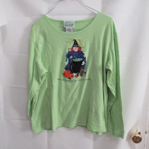 Camisa grande de Halloween Quacker Factory bruja verde caldero gato LS bordada - Imagen 1 de 5