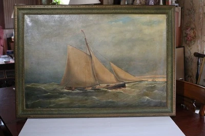 ANTIQUE 1883 YACHT SCHOONER OIL CANVAS MARINE SHIP PAINTING SIGNED CUSHING As Is - Image 1 of 4