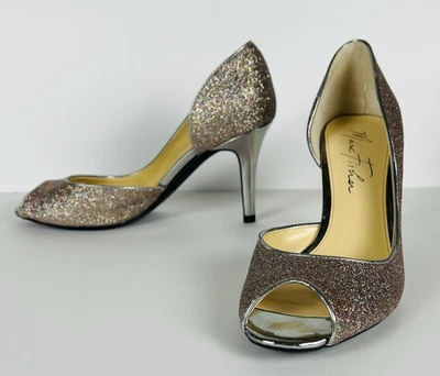  Zapatos MARC FISHER Brillo Metálico Peltre/Plateado Punta abierta Tacones Altos Bombas 6    Foto 1 de 4