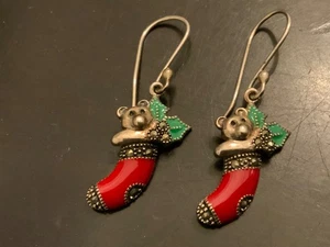 Ratón Navidad Medias Marcasita Rojo Verde Esmalte 925 Plata de Ley Pendientes - Imagen 1 de 11