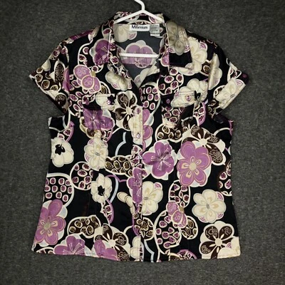 Y2K тысячелетия блузка на пуговицах женщин L крышка рукав карманы черный фиолетовый цветочный - Изображение 1 из 4