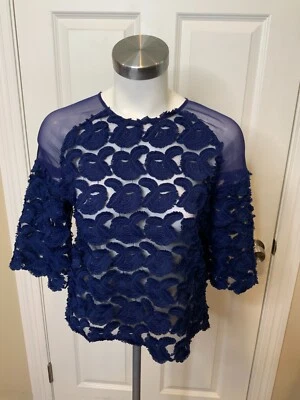 Maje Blue Floral Applique Sheer Short Sleeve Logan Top, Size Small (1) - Image 1 of 4