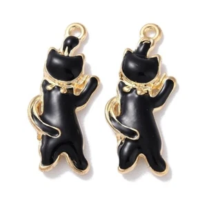 10 Unusual Black Dancing Cat Shaped Gold Tone Pendant Charms - Picture 1 of 2
