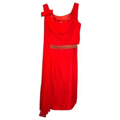 Vintage Red Grecian Draped Handmade Chiffon Dress With Embroidered Belt Size 8 - Image 1 of 4
