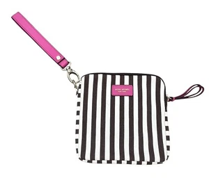 Henri Bendel Classic Natural Canvas & Brown Striped Cosmetic Pouch W/Coral Liner - Picture 1 of 6
