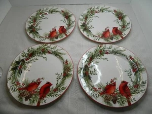 4 platos de cena Cracker Barrel Cardinal de Susan Winget 11" gres rojo verde - Imagen 1 de 6