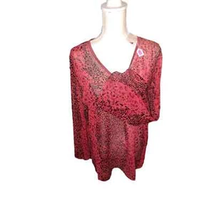 NWT Susan Graver Sz Large V neck Sheer Sassy Red Leopard pullover - Picture 1 of 7