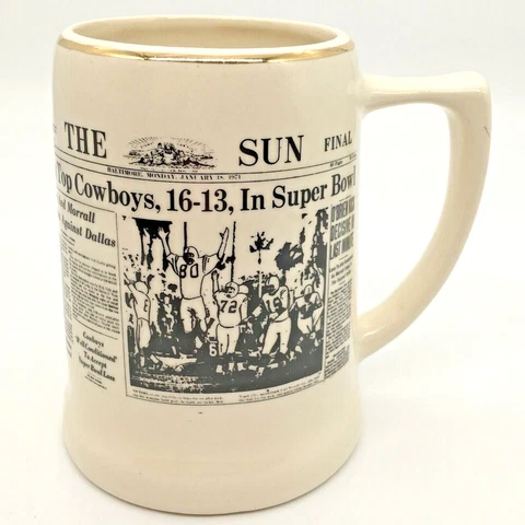 Super Bowl V Beer Mug Baltimore Colts beat Dallas Cowboys Jan 1971 T&J Pottery Cover