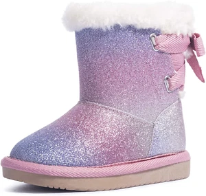 Toddler Girls Glitter Winter Boots Warm Fur Lining Non-Slip Snow Shoes with Cute - Picture 1 of 7