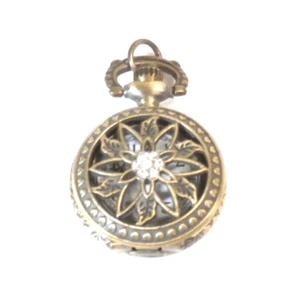 Vintage Pendant Watch Flower Design Rhinestones Bronzetone 28 mm New Battery - Picture 1 of 9