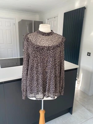 Oasis Size XL leopard Print Blouse Ruffles Lace Velvet long Sleeve Top - Image 1 of 4