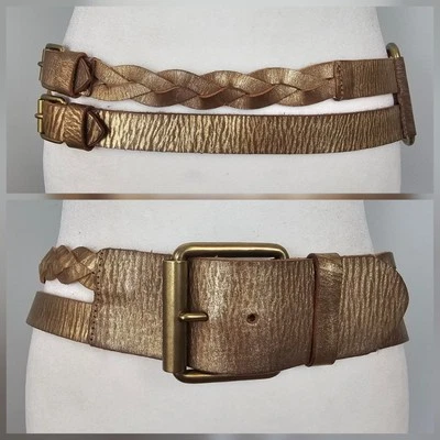 LINEA PELLE M 36 35-37 Womens Gold Metallic Leather Belt Braid Double Strap  - Image 1 of 4