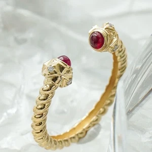 10K Yellow Gold With Simulated Red Ruby & White Moissanite Women Tiny Open Band - Picture 1 of 9