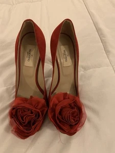 Valentino Garavani Red Suede Rose Peep Toe Pumps Size 37 Good Condition - Picture 1 of 7