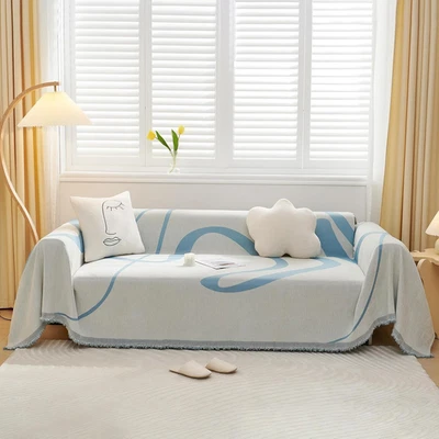 Washable Sofa Cover - Modern White & Blue Striped for 2 Cushion Couch - Image 1 of 4
