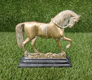 ANTIQUE BRASS HORSE ON CAST IRON BASE , DOOR STOP / FIREPLACE HEARTH ORNAMENT - Picture 1 of 6