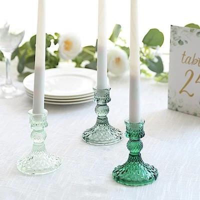 HUNTER GREEN 6 Diamond Design 4"  Reversible Glass Taper Votive CANDLE HOLDERS - Image 1 of 4
