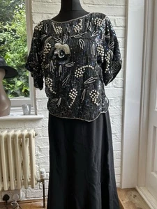 70's Vintage Black Silver Sequin Beaded Ladies Black Evening Retro Top Size L - Picture 1 of 9