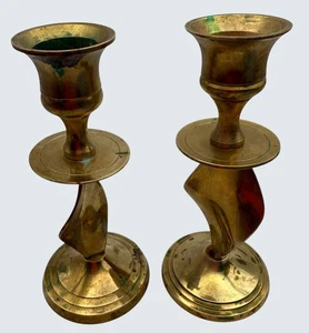 Mid-Century Modern Brutalist Brass Twisted Candlestick Holders Pair 5” - Picture 1 of 6