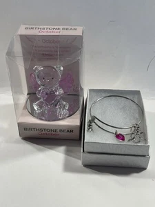 Estatuilla de oso ángel piedra natal de vidrio de octubre y pulsera con dije para niñas a juego nueva - Imagen 1 de 6