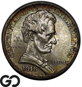 1918 Lincoln Illinois Commemorative Half Dollar, Nicely Toned Solid Gem BU++ - Picture 1 of 3