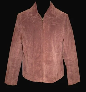 Suede Fitted Soft Brown Jacket Sz M Petite Relativity Leather Coat w Zip Front - Picture 1 of 7