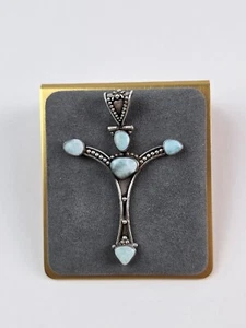 Large Sterling Silver & Sky Blue Larimar Cross necklace pendant beaded design - Picture 1 of 12